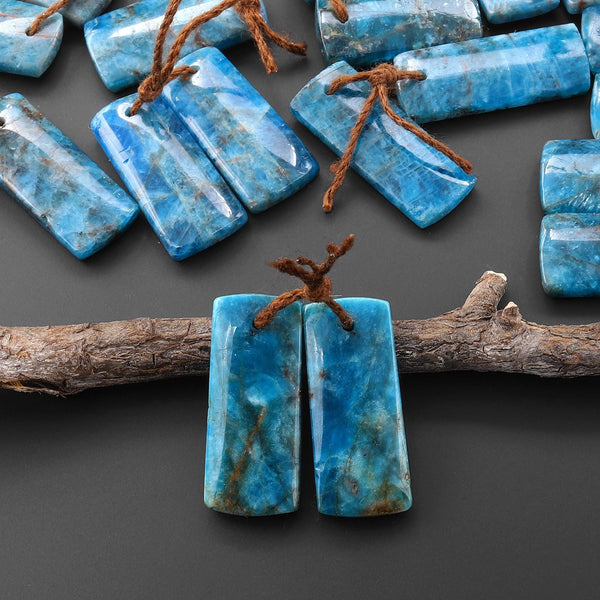Natural Teal Blue Apatite Short Rectangle Earrings Drilled Matched Gemstone Beads Pair A5