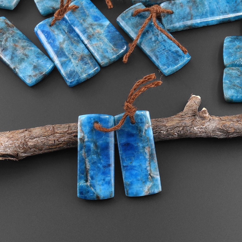 Natural Teal Blue Apatite Short Rectangle Earrings Drilled Matched Gemstone Beads Pair A6