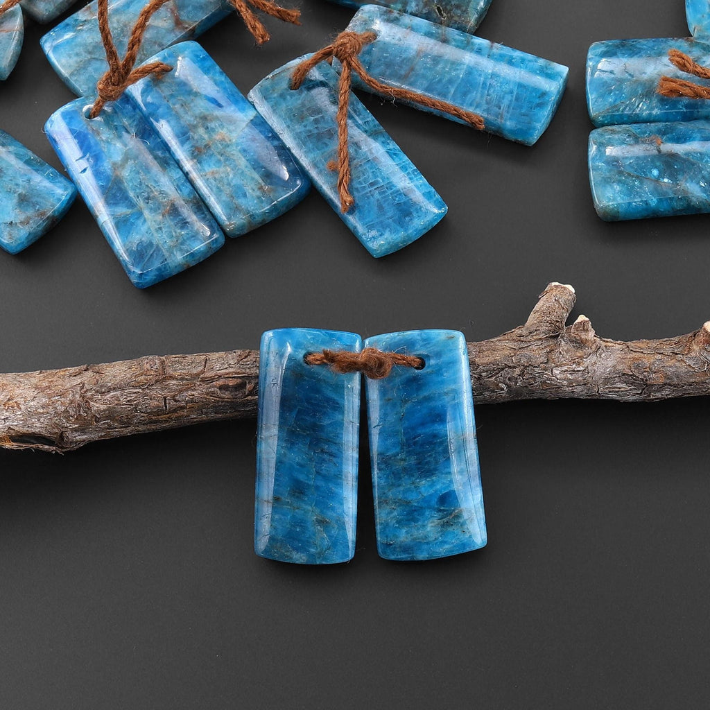 Natural Teal Blue Apatite Short Rectangle Earrings Drilled Matched Gemstone Beads Pair A7