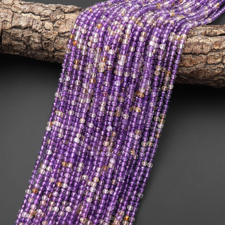 Faceted Natural Ametrine 2mm 3mm 4mm Round Beads Micro Laser Diamond Cut Gemstone 15.5" Strand