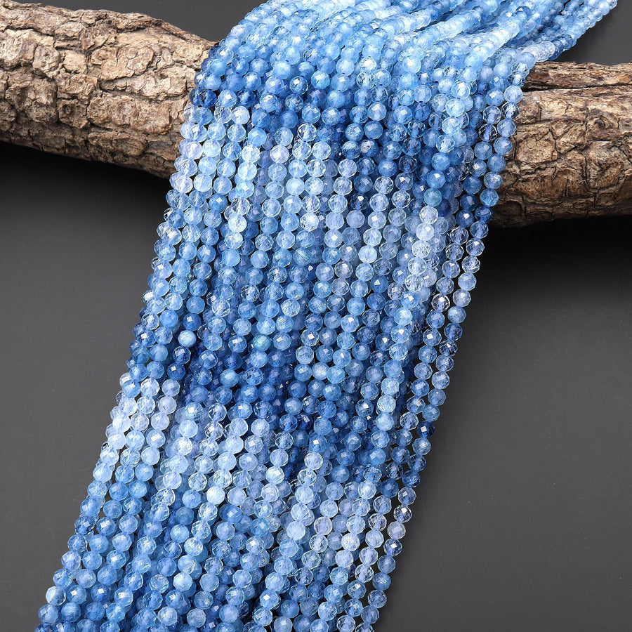 AAA Natural Blue Aquamarine 4mm Faceted Round Beads Multicolor Gradient Ombre Gemstone 15.5" Strand