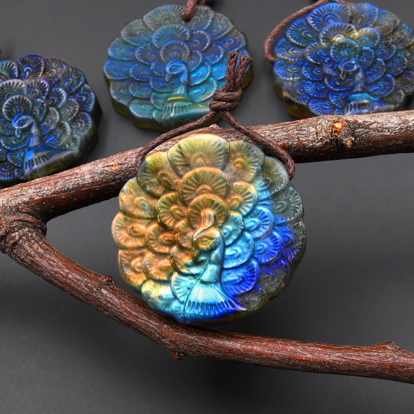 AAA Hand Carved Natural Labradorite Peacock Pendant Drilled Gemstone Focal Bead A1