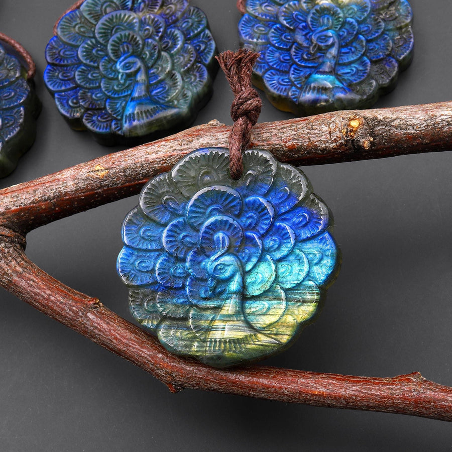 AAA Hand Carved Natural Labradorite Peacock Pendant Drilled Gemstone Focal Bead A4