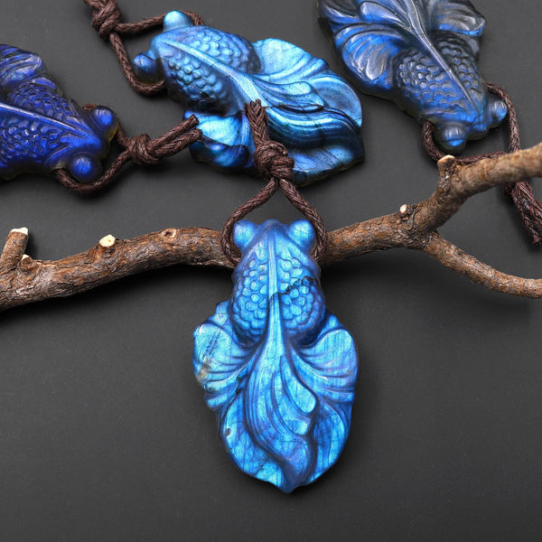 AAA Hand Carved Natural Labradorite Goldfish Pendant Top Side Drilled Gemstone Focal Bead A2
