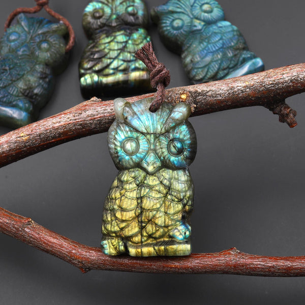 AAA Hand Carved Natural Labradorite Owl Pendant Drilled Gemstone Focal Bead A2