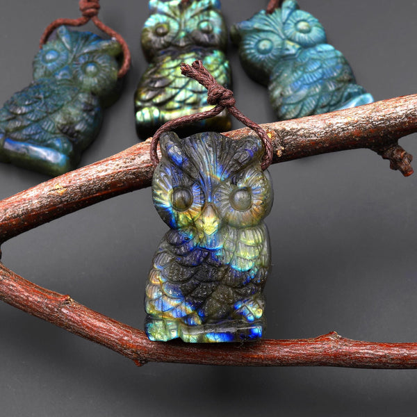 AAA Hand Carved Natural Labradorite Owl Pendant Drilled Gemstone Focal Bead A3