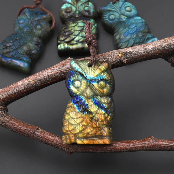 AAA Hand Carved Natural Labradorite Owl Pendant Drilled Gemstone Focal Bead A4