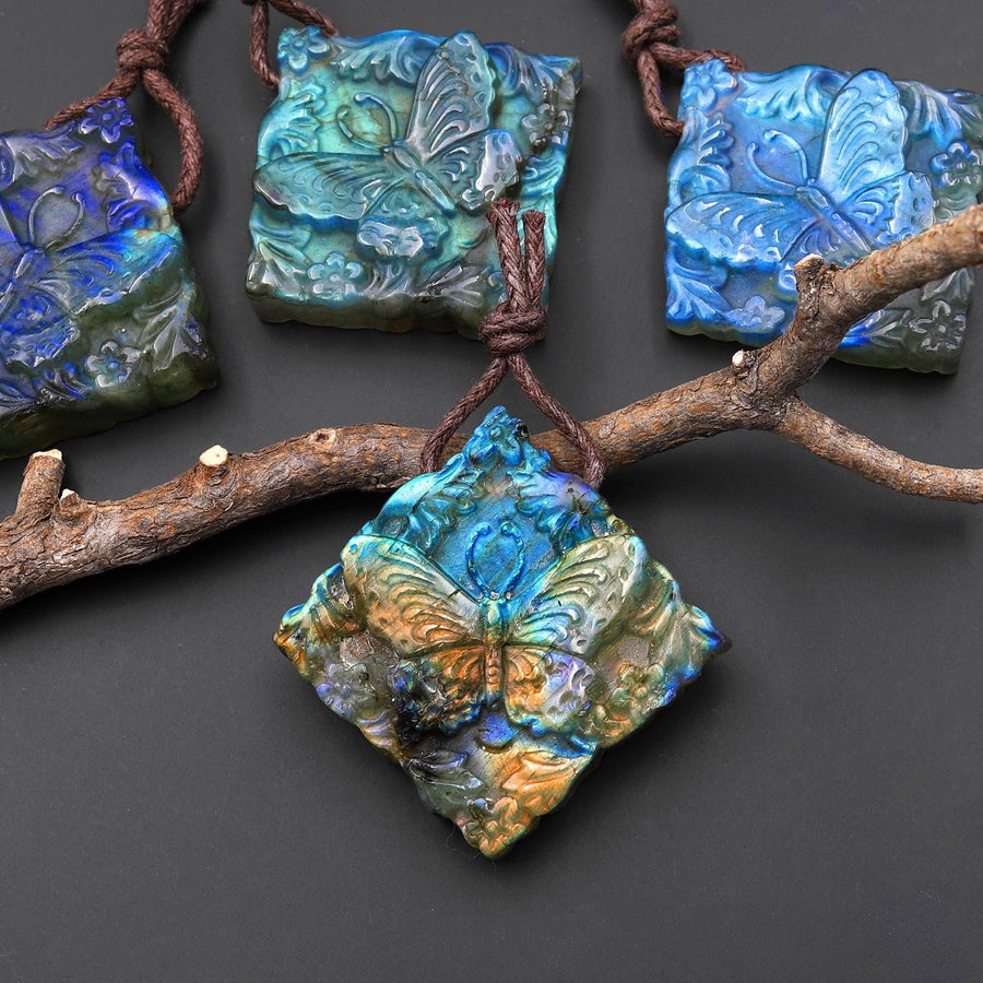AAA Hand Carved Natural Labradorite Butterfly Diamond Square Pendant Side Drilled Gemstone Focal Bead