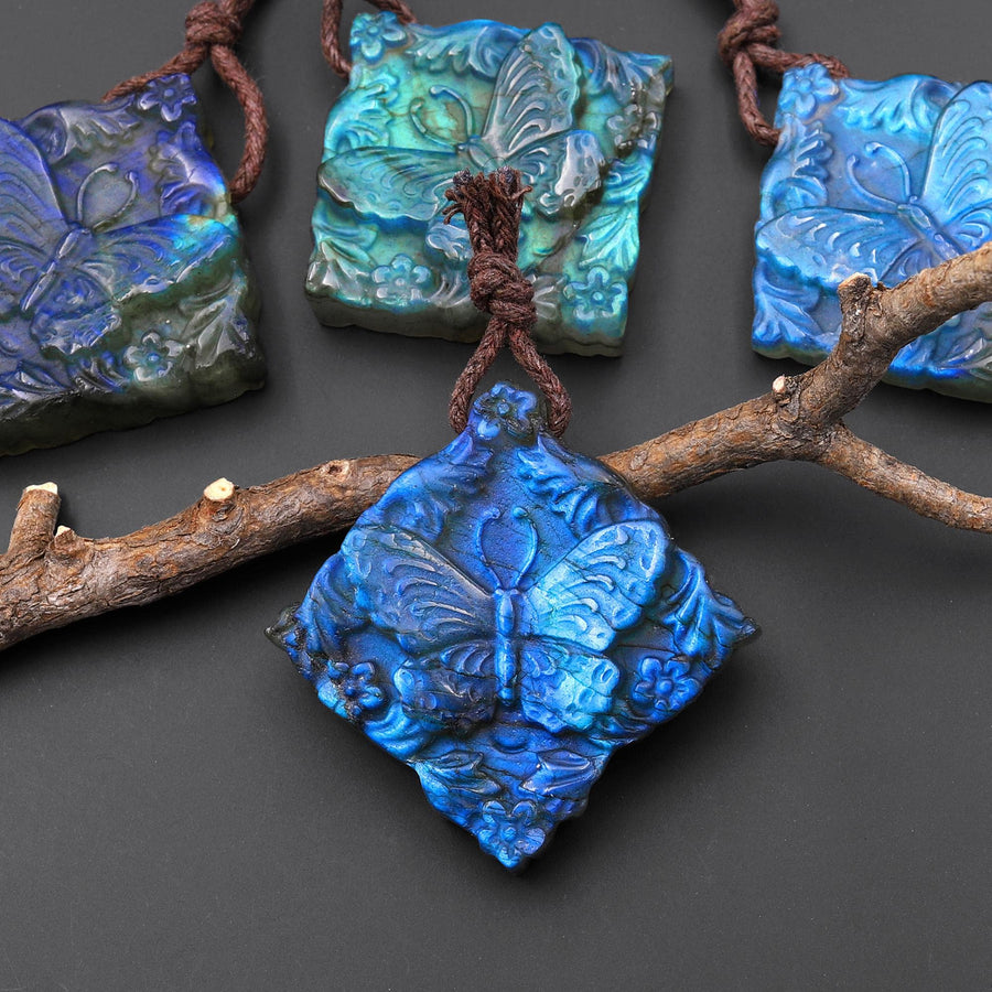 AAA Hand Carved Natural Labradorite Butterfly Diamond Square Pendant Side Drilled Gemstone Focal Bead