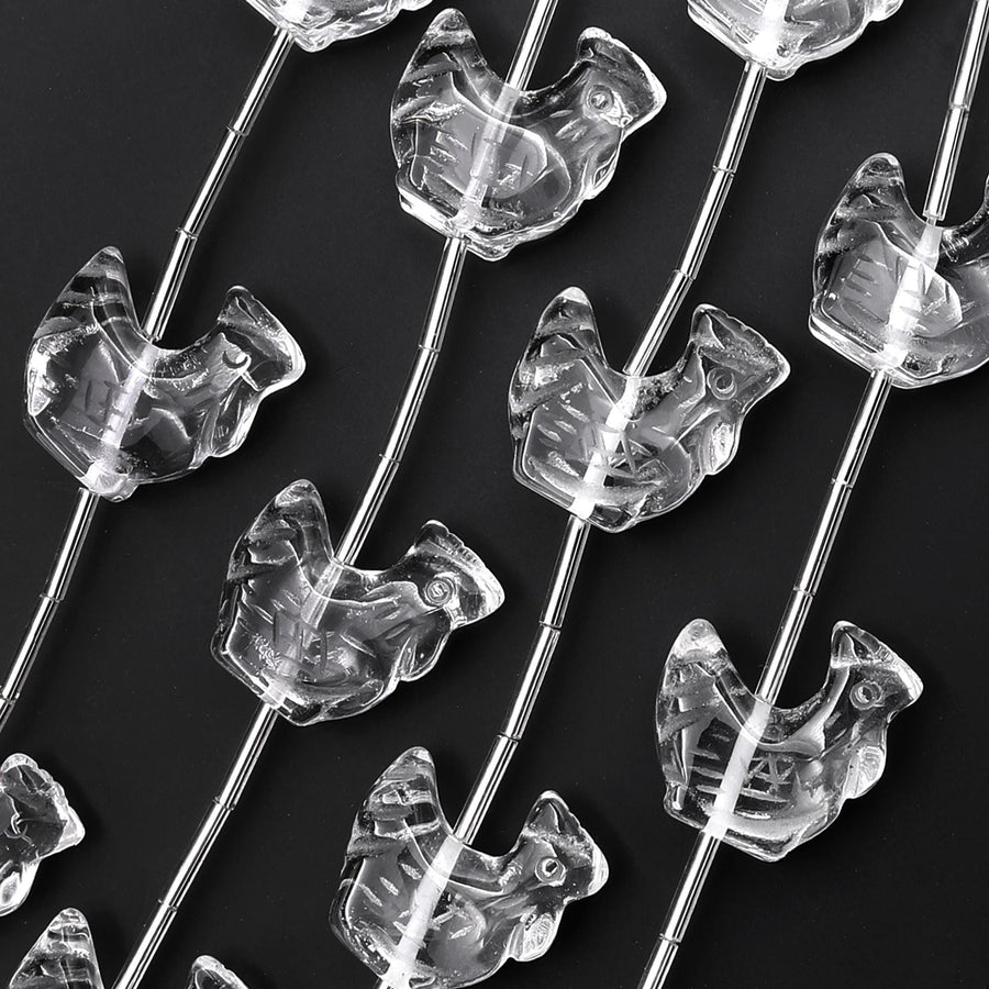 AAA Hand Carved Genuine Natural Rock Quartz Rooster Center Drilled Focal Beads