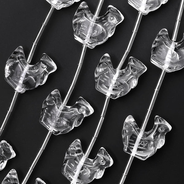 AAA Hand Carved Genuine Natural Rock Quartz Rooster Center Drilled Focal Beads