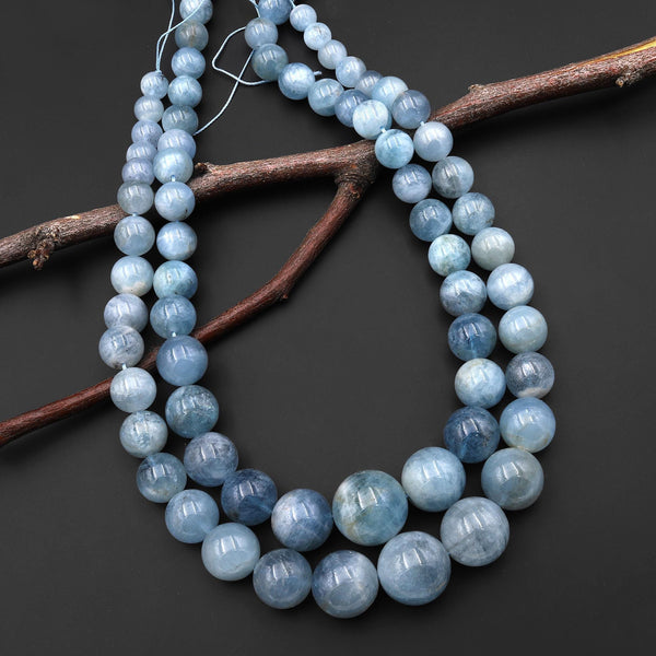 Graduated Large Natural Blue Aquamarine Smooth Round 8mm 20mm Beads Gemstone 18" Strand