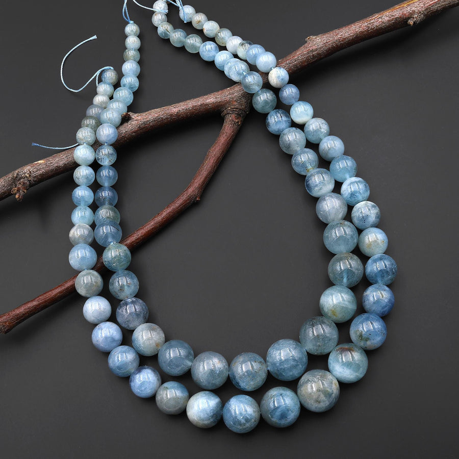 Graduated Large Natural Blue Aquamarine Smooth Round 6mm 16mm Beads Gemstone 18" Strand