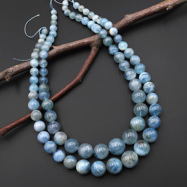 Graduated Large Natural Blue Aquamarine Smooth Round 6mm 16mm Beads Gemstone 18" Strand