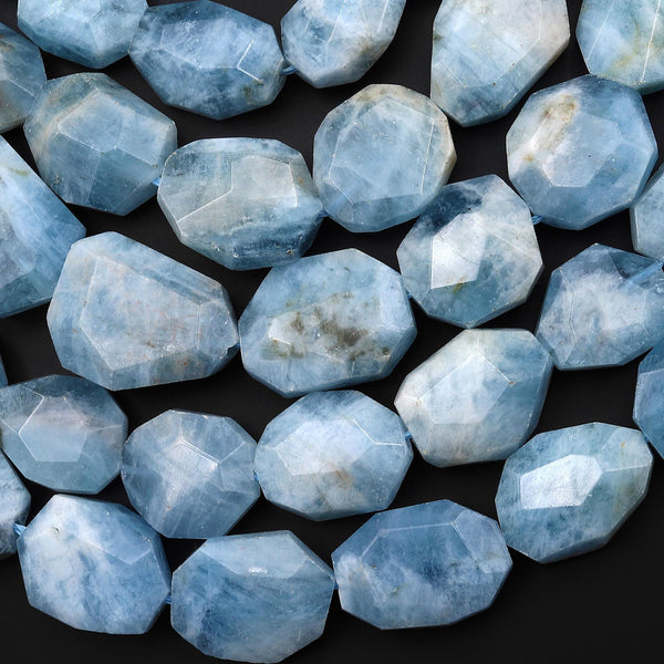 Faceted Natural Blue Aquamarine Octagon Flat 14mm 18mm Beads Hand Cut Gemstone 16" Strand