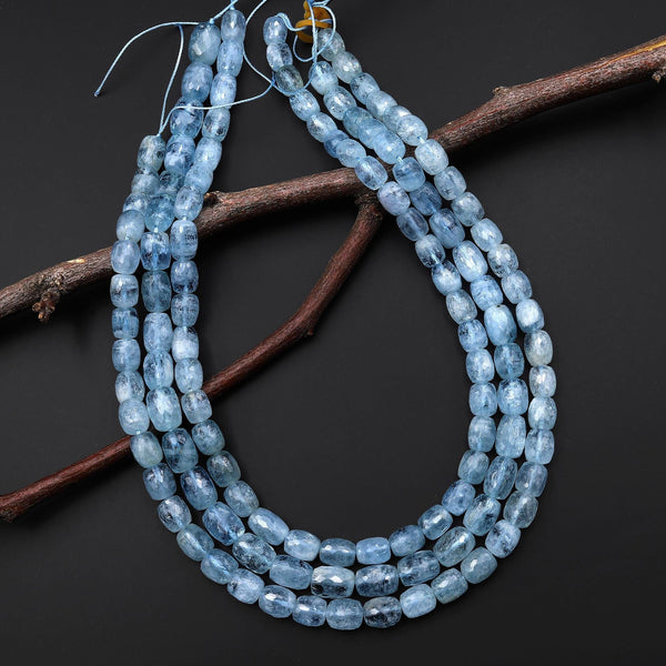 AAA Hand Faceted Natural Blue Aquamarine Barrel Nugget Gemstone Beads 16" Strand