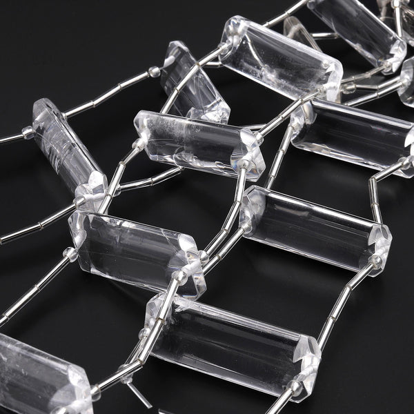 Double Center Drilled Real Natural Rock Crystal Quartz Smooth Rectangle Title Beads 8" Strand