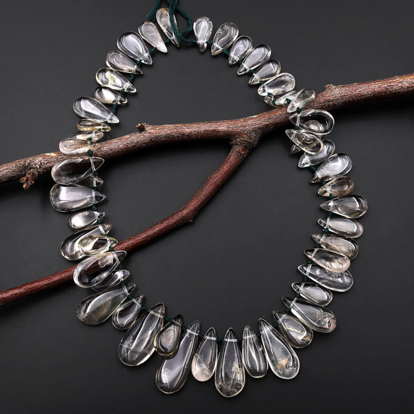 AAA Super Clear Natural Rock Crystal Quartz Smoky Quartz Smooth Teardrop Focal Beads Pendant Top Side Drilled 16" Strand