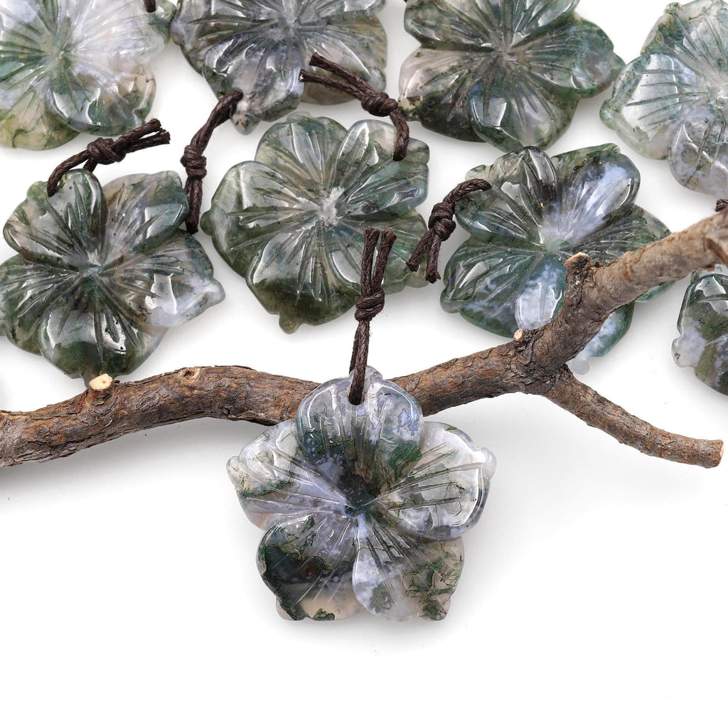 Hand Carved Natural Green Moss Agate Gemstone Flower Pendant A2