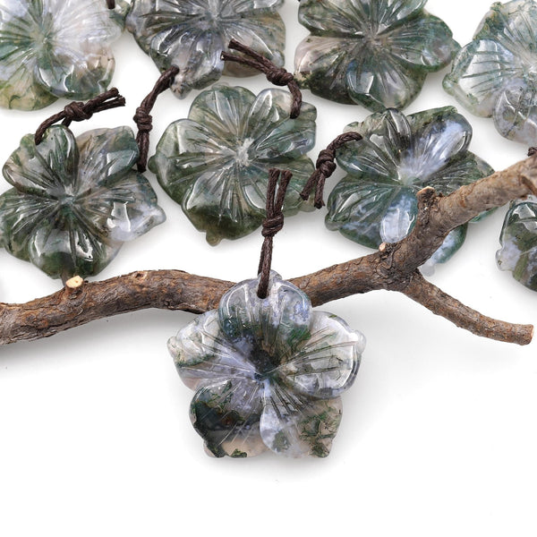 Hand Carved Natural Green Moss Agate Gemstone Flower Pendant A2