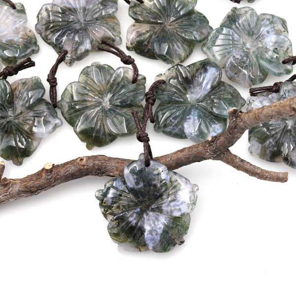 Hand Carved Natural Green Moss Agate Gemstone Flower Pendant A4