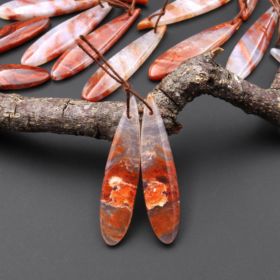 Natural Moroccan Red Lace Agate Long Slender Teardrop Earring Drilled Matched Gemstone Cabochon Bead Pair