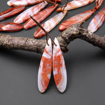 Natural Moroccan Red Lace Agate Long Slender Teardrop Earring Drilled Matched Gemstone Cabochon Bead Pair