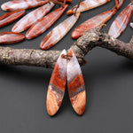 Natural Moroccan Red Lace Agate Long Slender Teardrop Earring Drilled Matched Gemstone Cabochon Bead Pair
