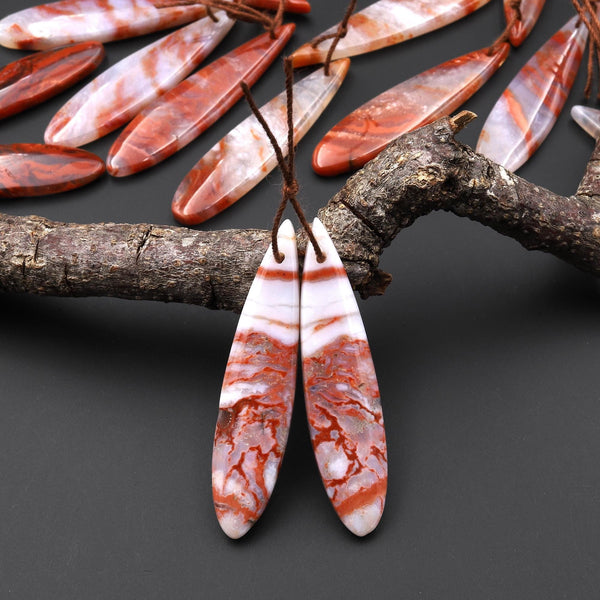 Natural Moroccan Red Lace Agate Long Slender Teardrop Earring Drilled Matched Gemstone Cabochon Bead Pair A2