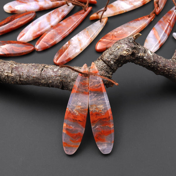 Natural Moroccan Red Lace Agate Long Slender Teardrop Earring Drilled Matched Gemstone Cabochon Bead Pair A3