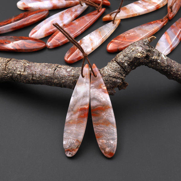 Natural Moroccan Red Lace Agate Long Slender Teardrop Earring Drilled Matched Gemstone Cabochon Bead Pair A6