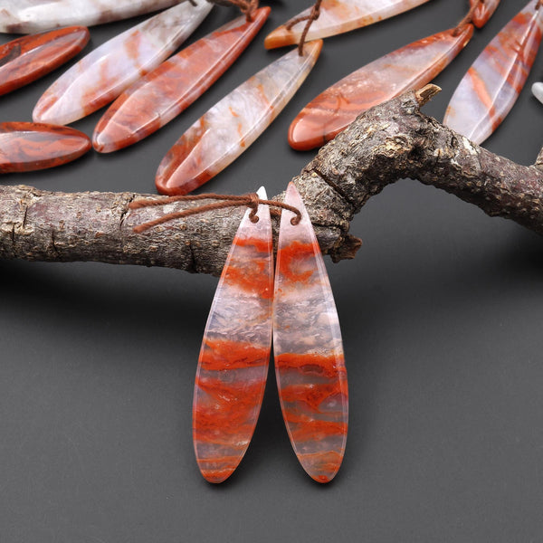 Natural Moroccan Red Lace Agate Long Slender Teardrop Earring Drilled Matched Gemstone Cabochon Bead Pair A10
