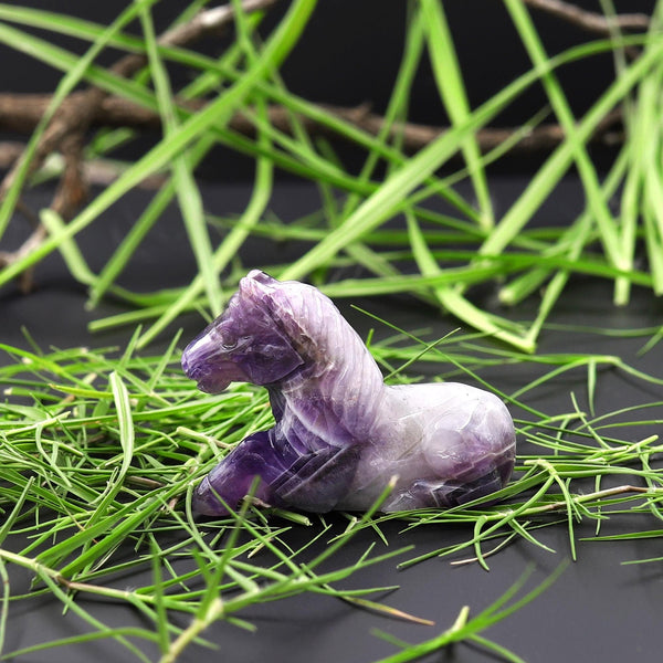 Hand-Carved Natural Purple Amethyst Horse Figurine Crystal Miniature A4