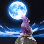 Hand-Carved Natural Purple Amethyst Wolf Howling Full Moon Figurine Crystal Miniature