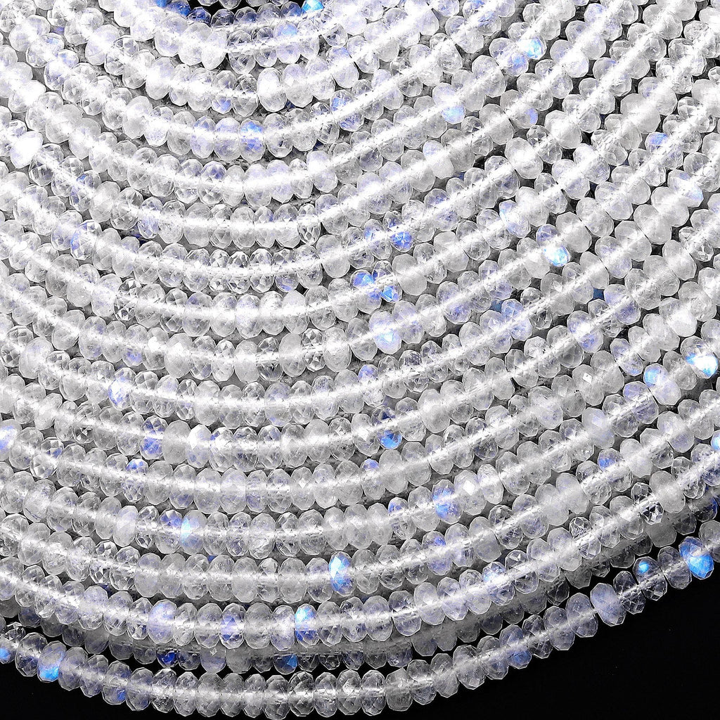 AAA Natural Blue Rainbow Moonstone 4mm Faceted Thin Rondelle Beads Blue Flashes 15.5" Strand