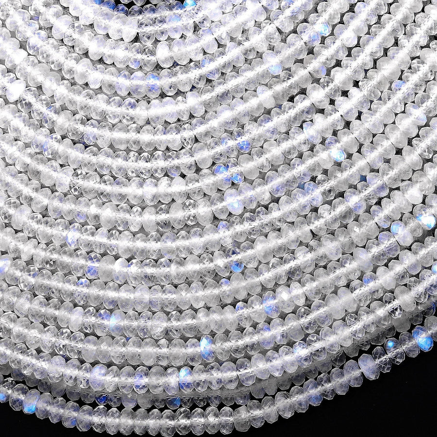 AAA Natural Blue Rainbow Moonstone 4mm Faceted Thin Rondelle Beads Blue Flashes 15.5" Strand