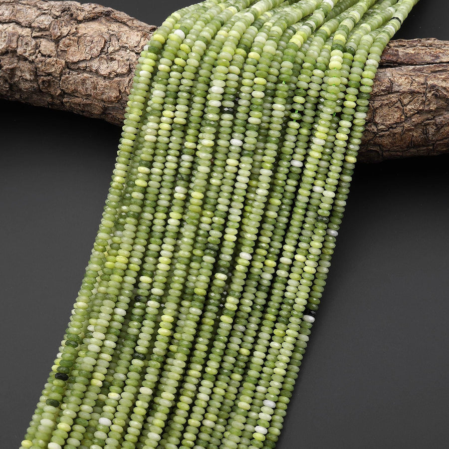 Faceted Natural Mustard Green Jade 4mm Thin Rondelle Beads Gemstone 15.5" Strand