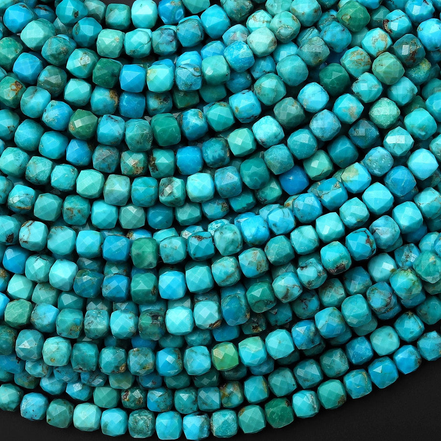 AAA Faceted Genuine Natural Blue Turquoise 4mm Cube Beads Gemstone 15.5" Strand