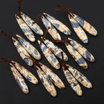 Natural Slate Blue Conglomerate Jasper Earring Pair Long Thin Teardrop Cabochon Pair Drilled Matched Gemstone Beads