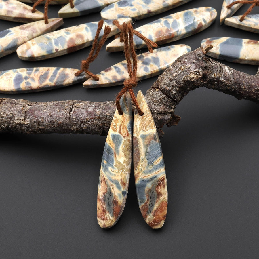 Natural Slate Blue Conglomerate Jasper Earring Pair Long Thin Teardrop Cabochon Pair Drilled Matched Gemstone Beads