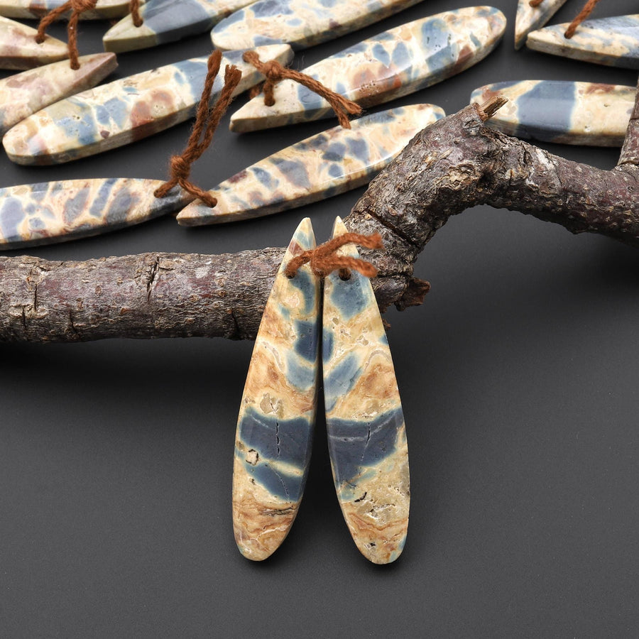 Natural Slate Blue Conglomerate Jasper Earring Pair Long Thin Teardrop Cabochon Pair Drilled Matched Gemstone Beads