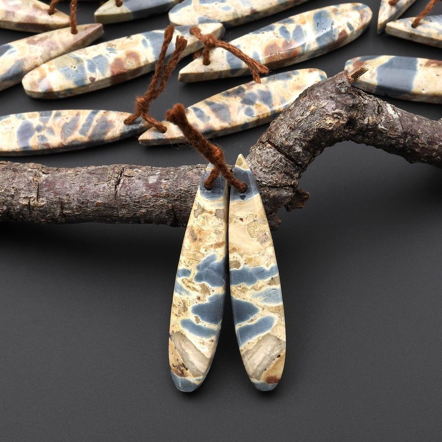 Natural Slate Blue Conglomerate Jasper Earring Pair Long Thin Teardrop Cabochon Pair Drilled Matched Gemstone Beads