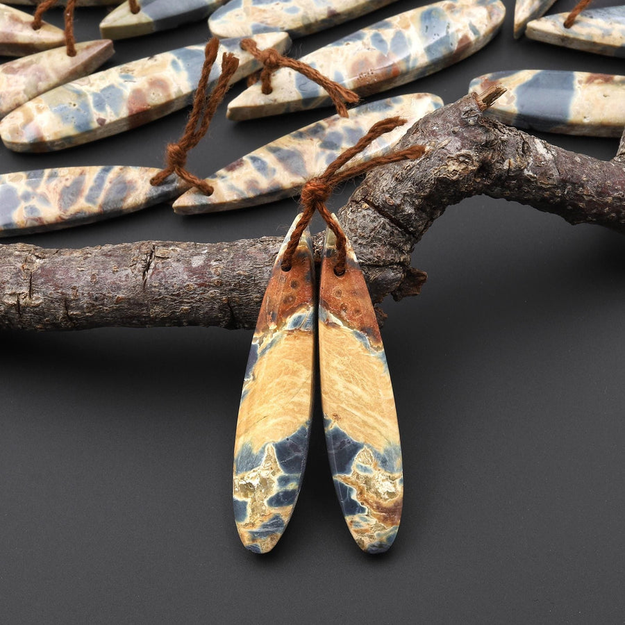 Natural Slate Blue Conglomerate Jasper Earring Pair Long Thin Teardrop Cabochon Pair Drilled Matched Gemstone Beads A5