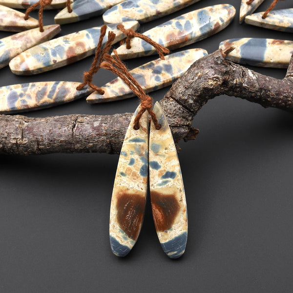 Natural Slate Blue Conglomerate Jasper Earring Pair Long Thin Teardrop Cabochon Pair Drilled Matched Gemstone Beads A8