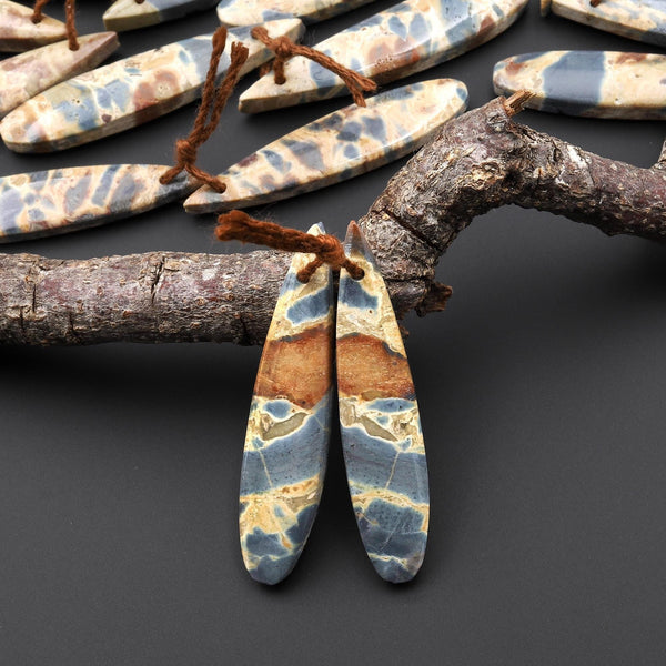 Natural Slate Blue Conglomerate Jasper Earring Pair Long Thin Teardrop Cabochon Pair Drilled Matched Gemstone Beads A10