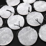 AAA Natural Rock Quartz Druzy Pendant 35mm 40mm Coin Disc Top Side Drilled Pristine White Icy Crystal