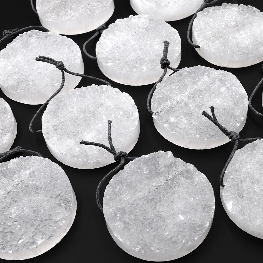 AAA Natural Rock Quartz Druzy Pendant 35mm 40mm Coin Disc Top Side Drilled Pristine White Icy Crystal