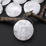 AAA Natural Rock Quartz Druzy Pendant 35mm 40mm Coin Disc Top Side Drilled Pristine White Icy Crystal