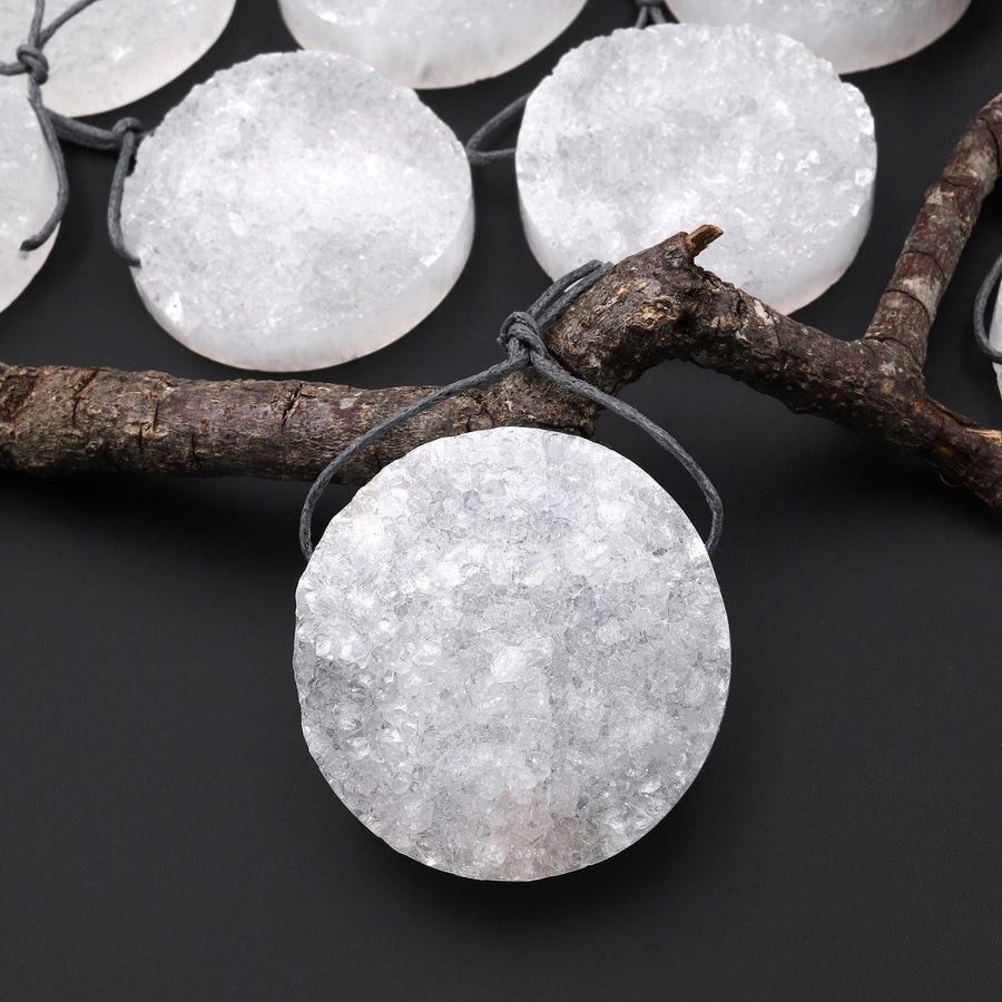 AAA Natural Rock Quartz Druzy Pendant 35mm 40mm Coin Disc Top Side Drilled Pristine White Icy Crystal