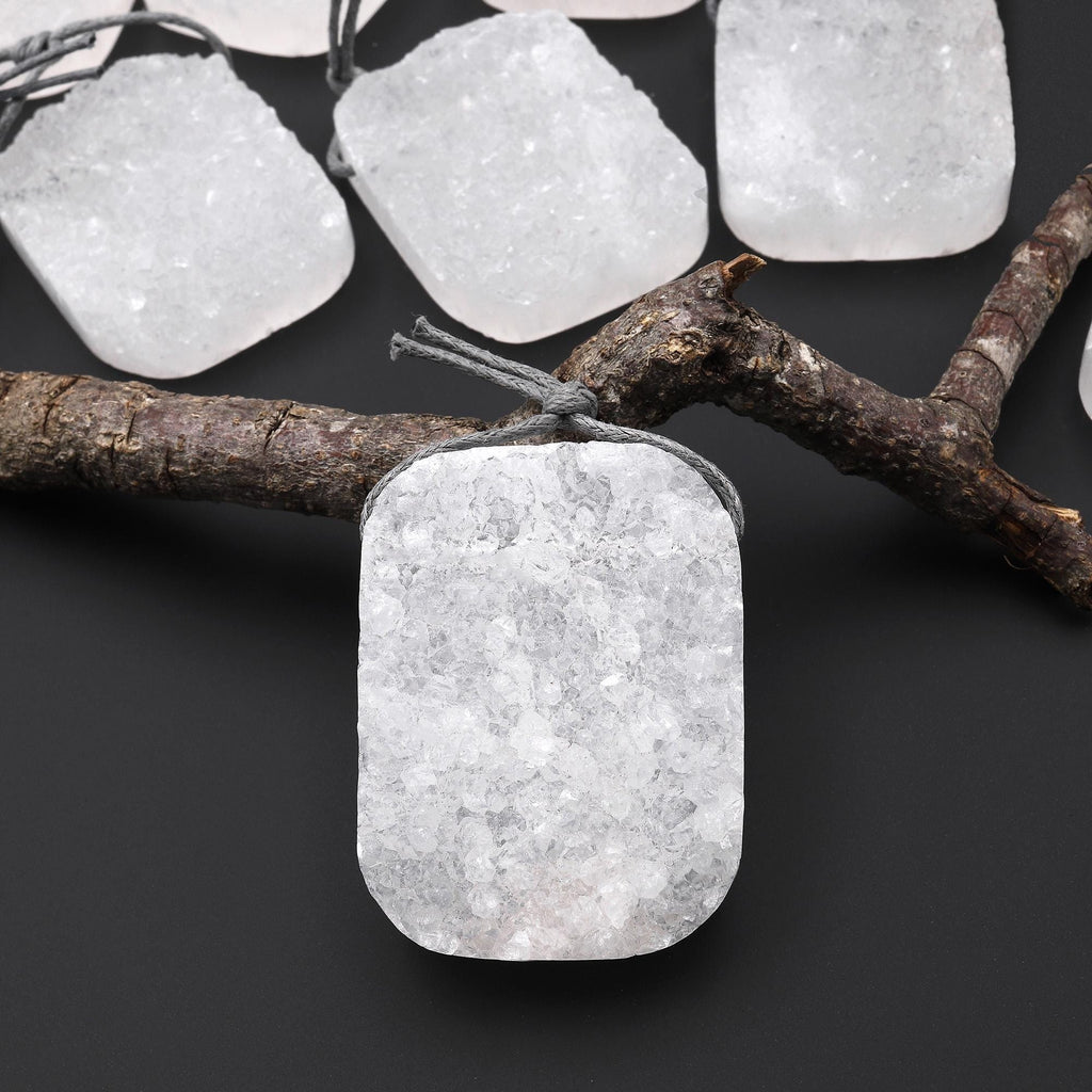 AAA Natural Rock Quartz Druzy Pendant 30x40mm Rectangle Top Side Drilled Pristine White Icy Crystal A1